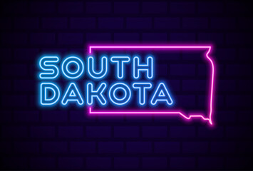 south dakota US state glowing neon lamp sign Realistic vector illustration Blue brick wall glow