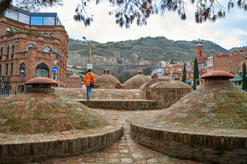 Popular city landmark in Tbilisi. Ancient underground complex of sulfur baths