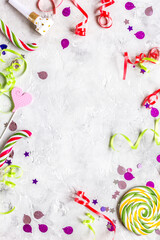 birthday party set with confetti on stone background top view mock up