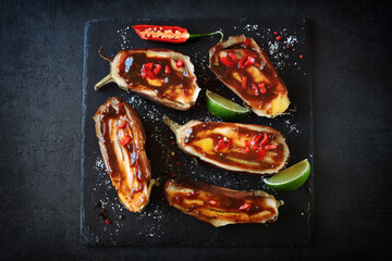 Baked eggplant with sauce and spices on a black stone board. Cooking eggplant.