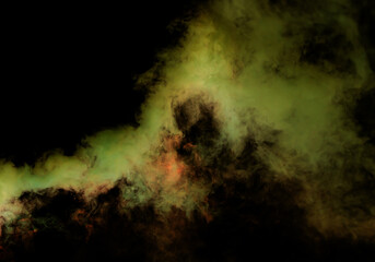 Red and green smoke on a black background.