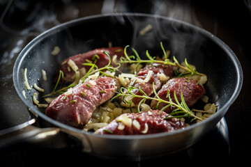 fresh cooking at home - raw meat from a red deer calf in a cooking pan with herbs, rosemary, onions , salt