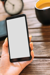 Unrecognizable woman uses a smartphone while having breakfast. Device screen is blank for use with mock up or copy space.