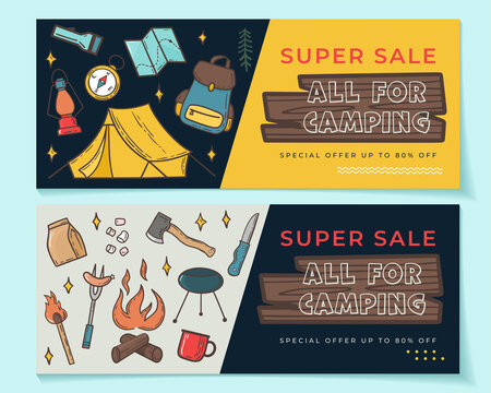 Seasonal banner set with camping elements. Vector illustration in hand drawn style