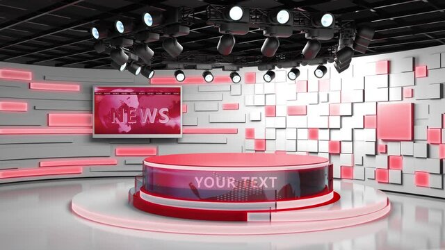 Tv studio. News room. Blye and red background. General and close-up shot. News Studio. Studio Background. Newsroom bakground. The perfect backdrop for any green screen or chroma key video production