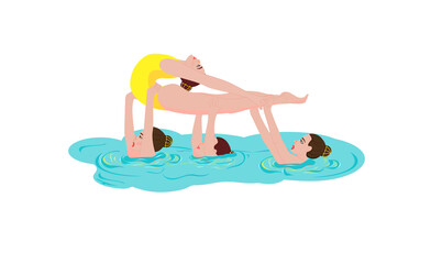 Sportswomen in yellow swimsuits. Sportswomen perform a beautiful choreographic element of synchronized swimming. Concept. Water sports. Cartoon style. Isolated vector illustrations.
