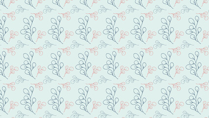 Pattern background with hand-drawn leaves in blue and red colors