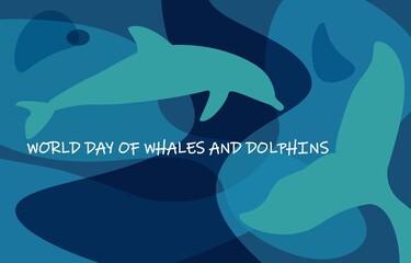 Postcard congratulation banner splash background for celebrating world day of whales and dolphins
Save the Planet Protect the Ocean July 23. vector shapes silhouettes. EPS 10