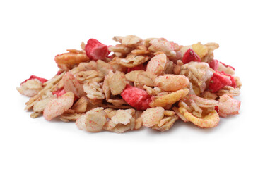 Pile of granola on white background. Healthy snack