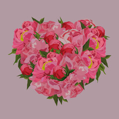Pink heart-shaped peonies. Vector illustration.