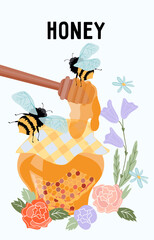 Card or banner design with honey, flowers and bees, flat vector illustration. Honey producing, beekeeping and apiary farm products promotion. Template for bee production.