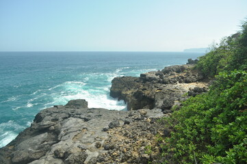 Beautiful scenery on Kedung Tumpang beach with large rocks, Pucanglaban District, Tulungagung Regency, East Java