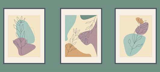 Set of abstract collection modern minimal floral posters. Minimalist poster with botanical leaf branch and abstract shape vector illustration. Plant Art trendy design for wall decor, print, card.