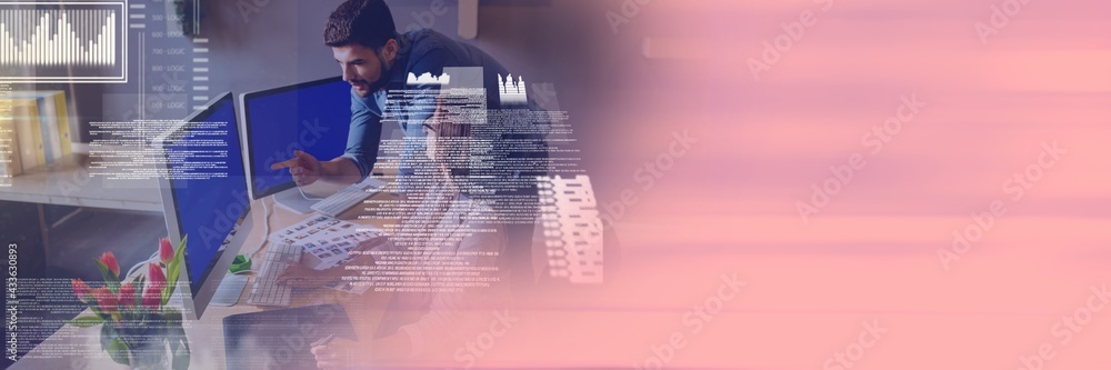 Poster composition of data processing over colleagues working in office with pink background