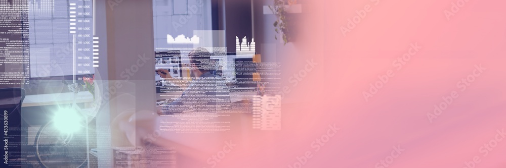 Poster composition of data processing over businessman working in office with pink background