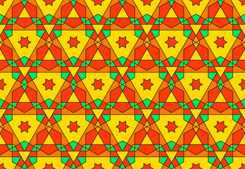 Mosaic seamless pattern with geometric star ornament in Islamic style.Girih yellow-red background.Vector illustration