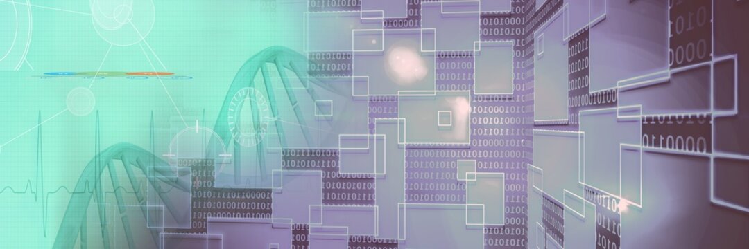 Composition of dna strand and medical data processing on green background - Powered by Adobe