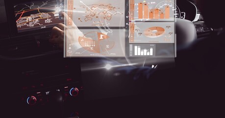 Composition of data processing on interactive screen over businessman driving car