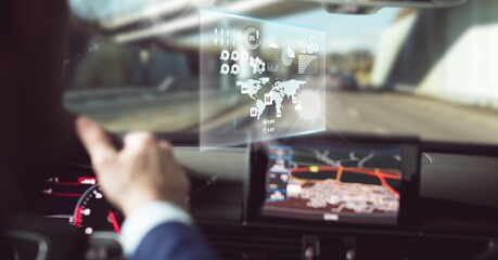 Fototapeta premium Composition of data processing on interactive screen over businessman driving car