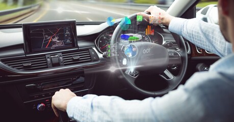 Composition of data processing on interactive screen over businessman driving car