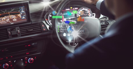 Composition of data processing on interactive screen over businessman driving car