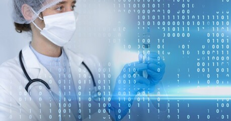 Composition of binary coding over doctor with syringe in face mask