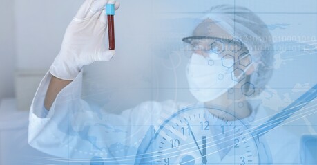 Fototapeta na wymiar Composition of medical data processing over doctor in ppe suit holding blood sample
