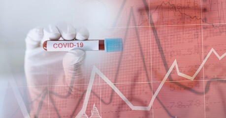 Composition of medical data processing over doctor holding covid 19 tube with blood sample