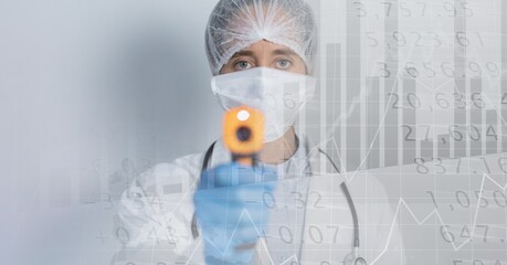 Composition of medical data processing over doctor with digital thermometer in face mask