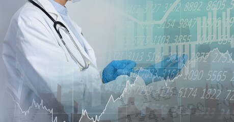 Composition of medical data processing over doctor putting surgical gloves on