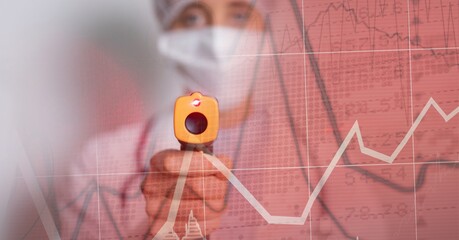 Composition of medical data processing over doctor with digital thermometer in face mask