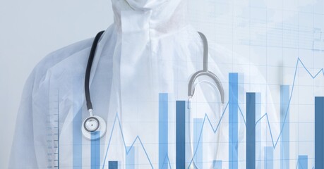 Composition of medical data processing over doctor in ppe suit with stethoscope