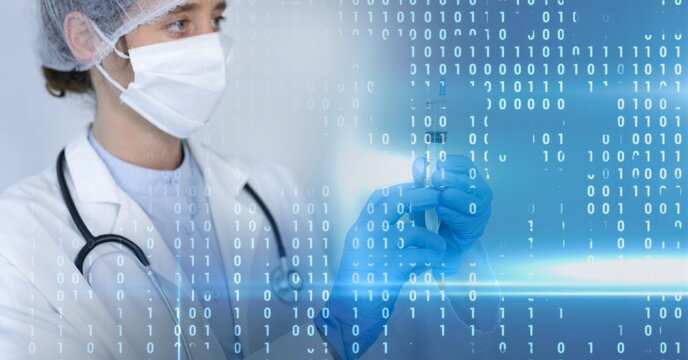 Composition of binary coding over doctor with syringe in face mask - Powered by Adobe