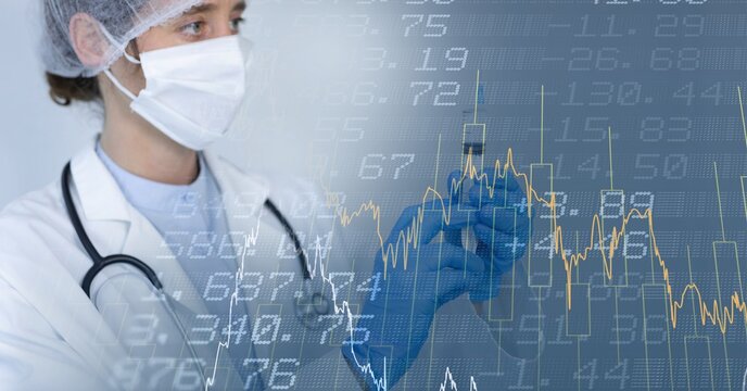 Composition of medical data processing over doctor in face mask with syringe