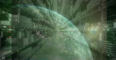 Composition of financial data processing with globe over stacked up shelves in warehouse