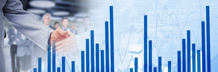 Composition of financial data processing over businessman handshake in background