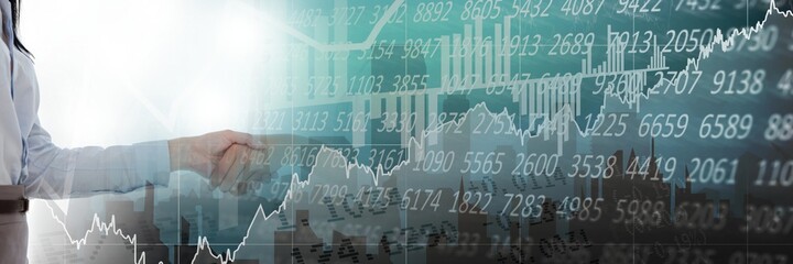 Composition of financial data processing over businessman handshake in background