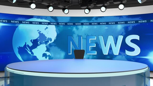 Tv studio. News room. Blye and red background. General and close-up shot. News Studio. Studio Background. Newsroom bakground. The perfect backdrop for any green screen or chroma key video production