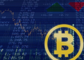 Bitcoin over stock market data and graphs processing, economy and cryptocurrency concepts