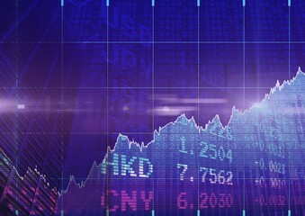 Stock market data and graphs processing over blue background, finances and economy concepts