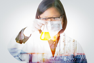 Double exposure concept, woman scientist or chemist research in protective mark and glasses looking at sample in laboratory, Medical health care analysis process business concept.