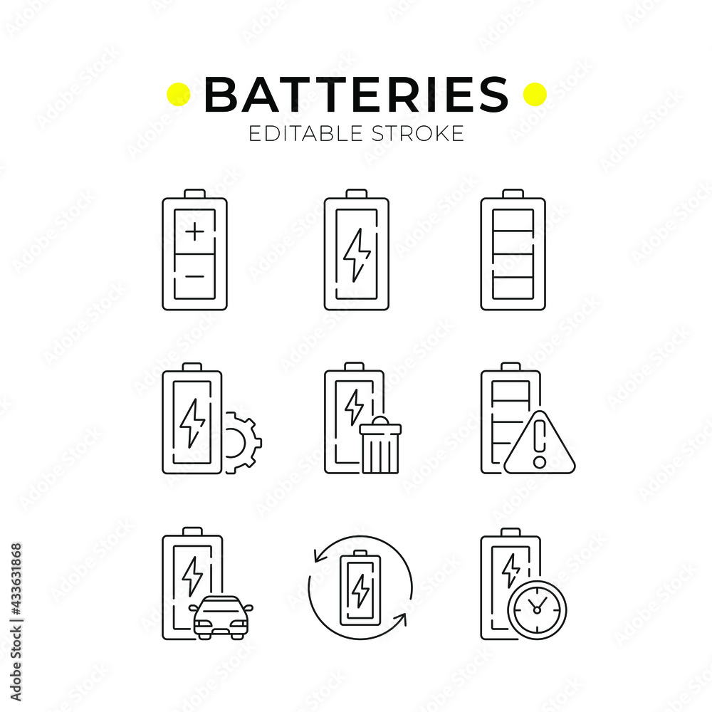 Poster batteries linear icons set. energy. thin line customizable illustration. contour symbol. vector isol