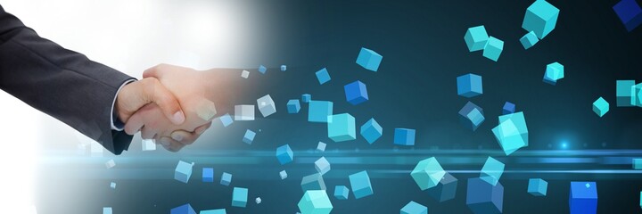 Composition of network of blue cubes over businesswomen shaking hands