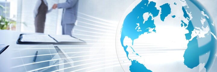 Composition of globe and arrow over businessmen shaking hands