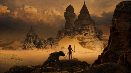 Fantasy art landscape with desert temple - digital illustration