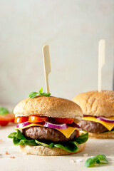 Burger with minced red meat patty, homemade hamburger on bright background.