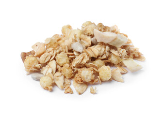 Pile of granola on white background. Healthy snack