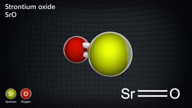 Strontium oxide or strontia, SrO or OSr, is formed when strontium reacts with oxygen. 3D render. Seamless loop. Chemical structure model: Ball and Stick.