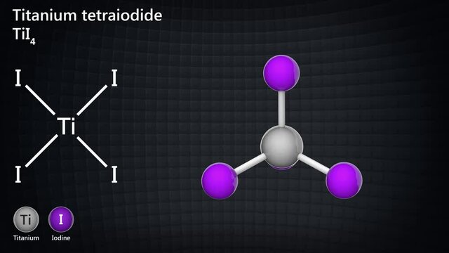 Titanium tetraiodide (Titanium(IV) iodide) is an inorganic compound with the formula TiI4 or I4Ti. 3D render. Seamless loop. Chemical structure model: Ball and Stick.
