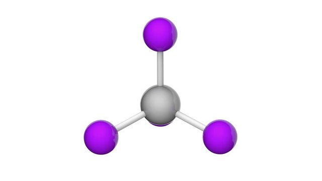 Titanium tetraiodide (Titanium(IV) iodide) is an inorganic compound with the formula TiI4 or I4Ti. 3D render. Seamless loop. Chemical structure model: Ball and Stick. White background